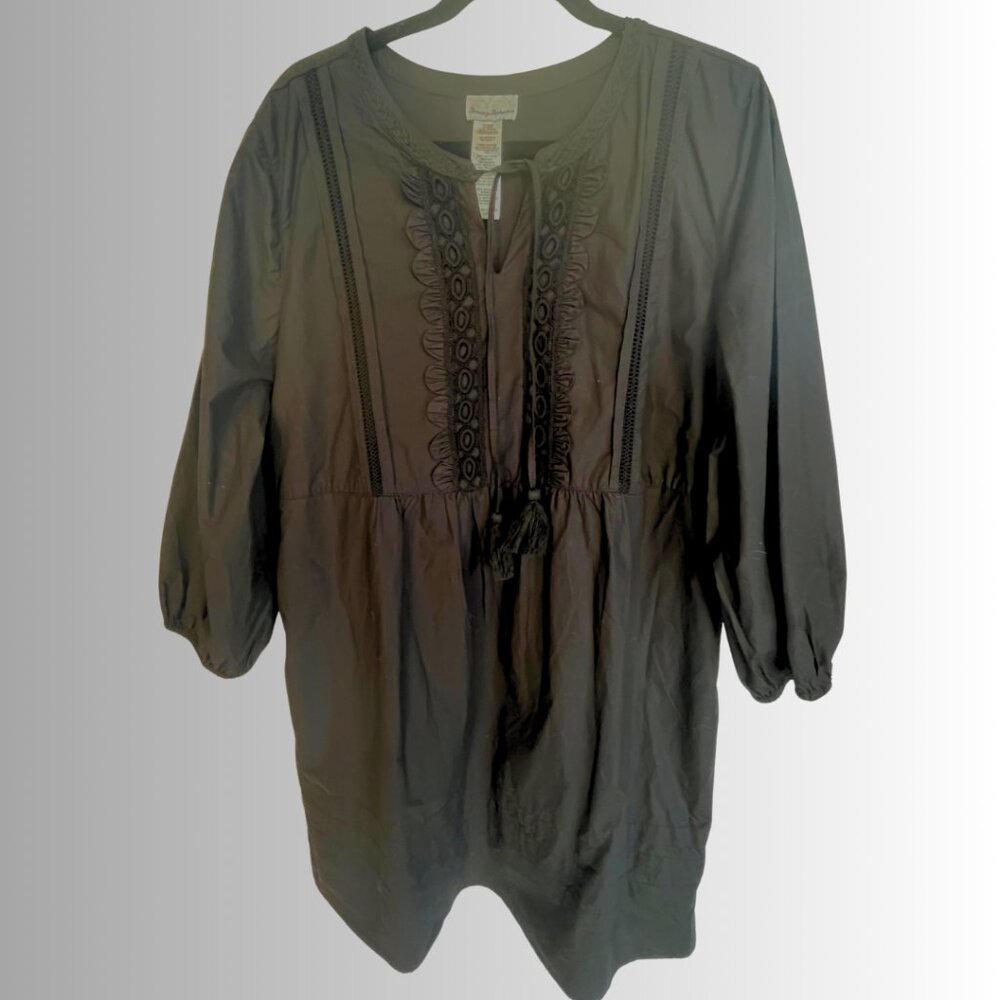 Tommy Bahama Black Embroidered Cotton Midi Dress – Long-sleeve, POCKETS!